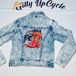 Upcycled Acid wash Massimo jean jacket iron on cowboy boots & hat applique L